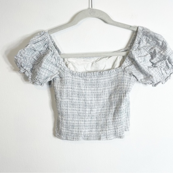 Abercrombie and Fitch Plaid Square Neck Puff Sleeve Crop Top White Blue XS - Picture 3 of 5